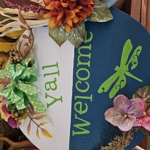 Handcrafted Welcome Sign with Dragonfly - Green and Blue